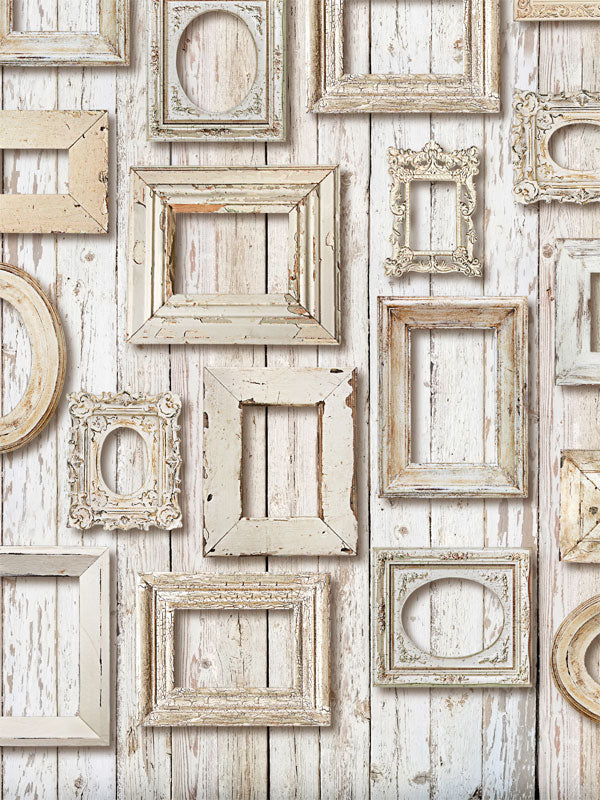 Vintage Wooden Frame Collage Photography Backdrop - Rustic vintage wooden frames on whitewashed wood backdrop, ideal for family, fashion, or product photoshoots.