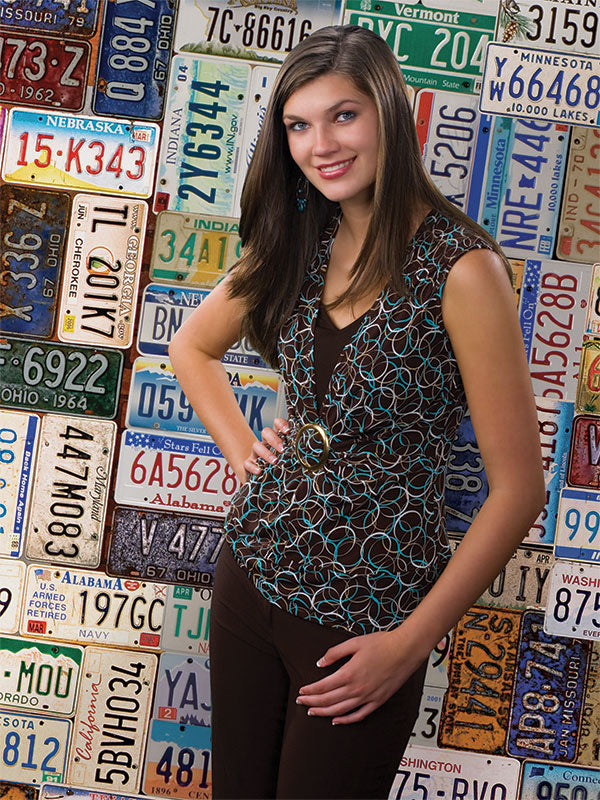 Backdrop reflecting classic Americana with decades of car tags.