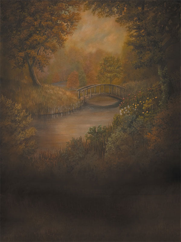 Hand-painted feel autumn scene with a wooden footbridge over a stream and warm foliage.