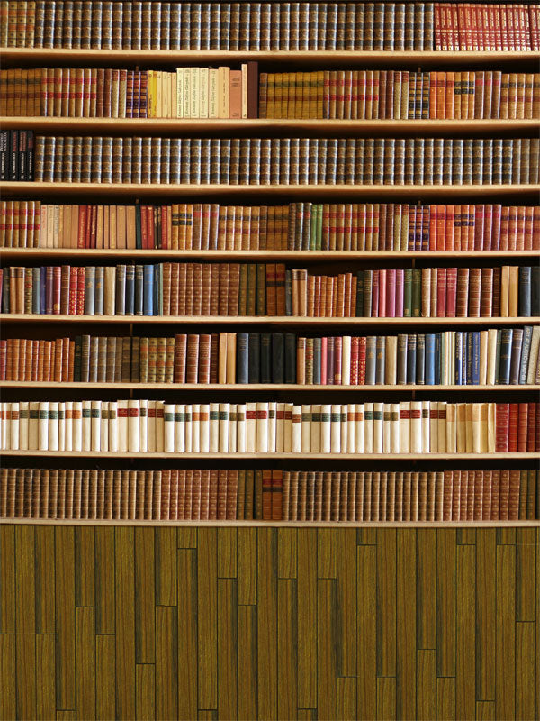 Classic bookshelf backdrop with rows of antique books and wood-paneled wall detail.