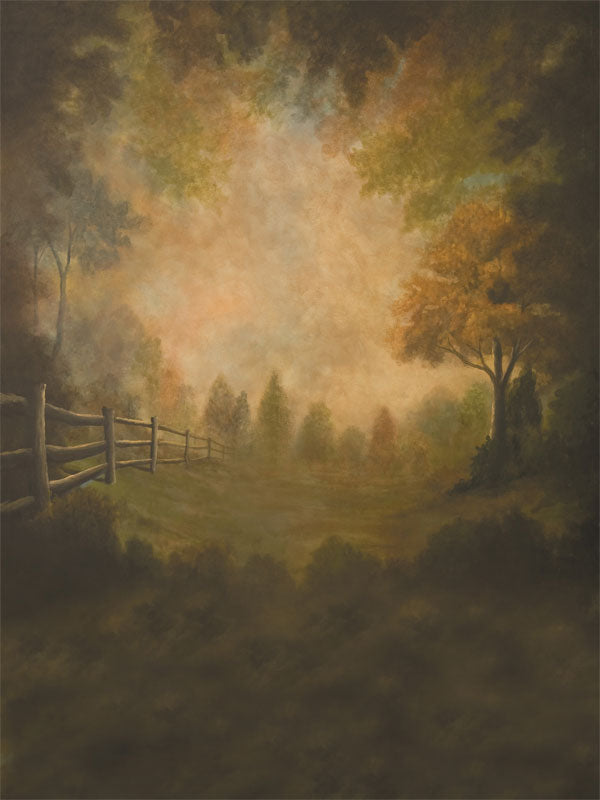 Soft, painterly countryside backdrop with warm trees, a wooden fence, and glowing meadow light.