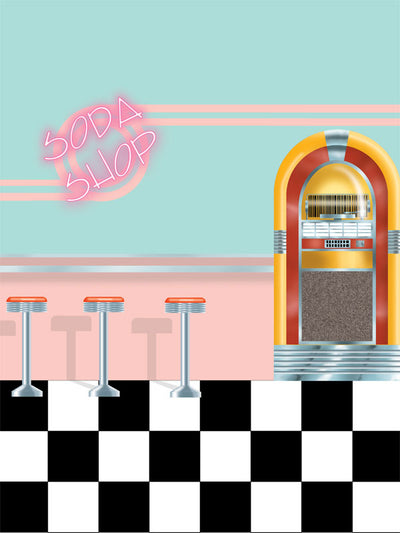 A retro 1950s diner photography backdrop with a neon soda shop sign, classic jukebox, pastel walls, and a black-and-white checkered floor, perfect for vintage-style portraits.