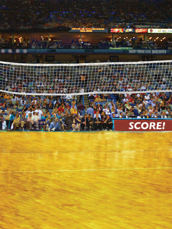 Photography backdrop featuring a volleyball court with net, wooden gym flooring, a packed stadium crowd, and a scoreboard banner reading "SCORE!"