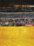 Photography backdrop featuring a volleyball court with net, wooden gym flooring, a packed stadium crowd, and a scoreboard banner reading "SCORE!"