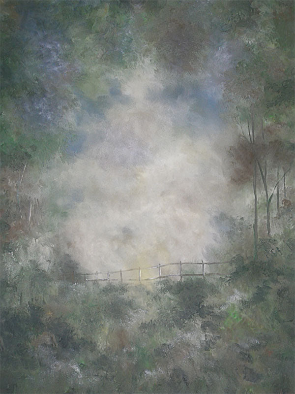 Hand-painted looking backdrop with misty green hills, trees, and a distant fence evoking a serene countryside scene.