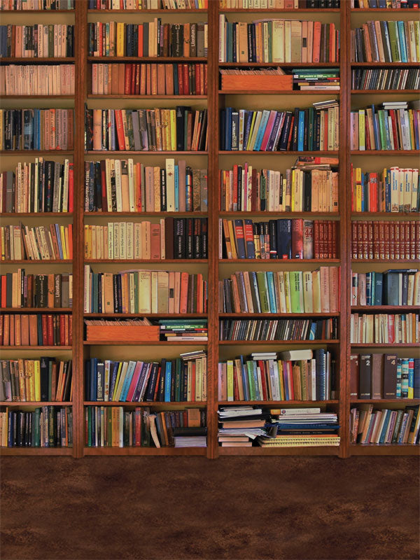 Floor-to-ceiling wooden bookshelves filled with colorful vintage books.