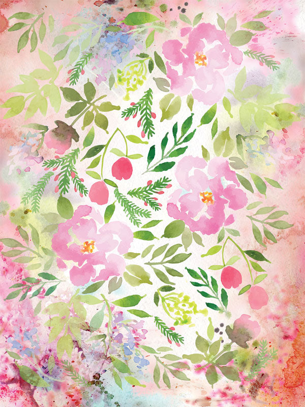 Watercolor Garden Blooms Photography Backdrop - Watercolor floral photography backdrop with pink blooms, green foliage, and hints of purple and blue, ideal for artistic and spring-themed photoshoots.