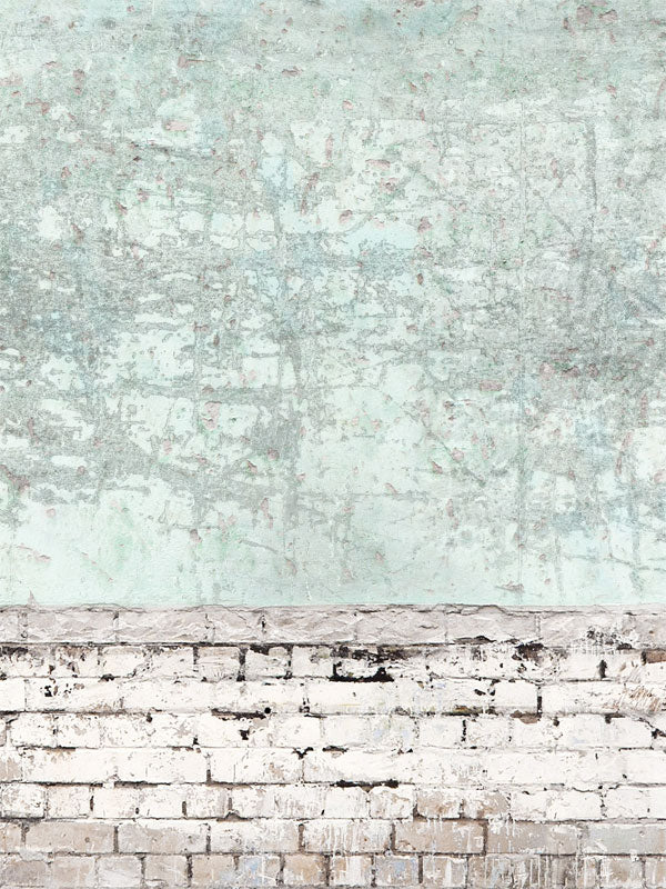 Weathered Brick Wall Photography Backdrop - Distressed white brick wall and weathered concrete backdrop for rustic and vintage-themed photoshoots.