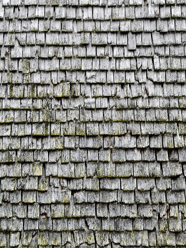 Weathered Grey Wooden Shingle Photography Backdrop - A rustic, weathered grey wooden shingle backdrop with detailed textures, ideal for professional photoshoots.