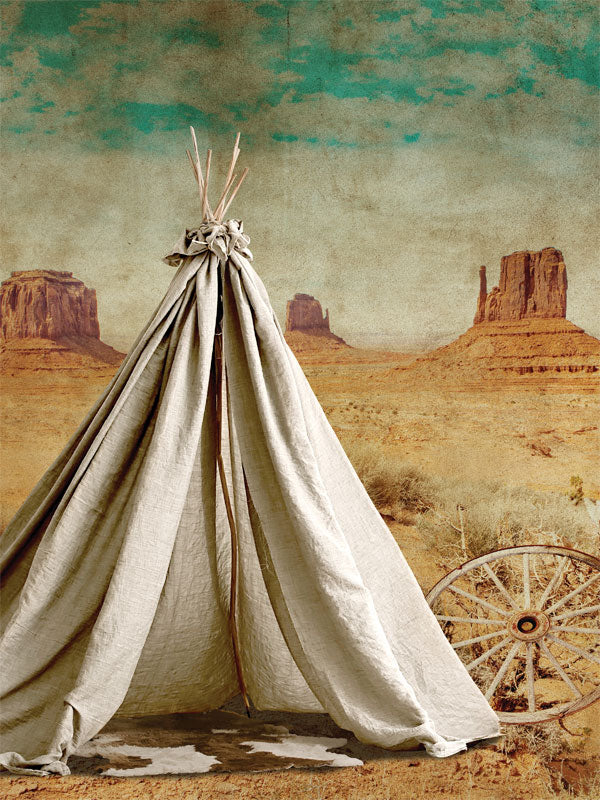 Western Desert Teepee Photography Backdrop - Photography backdrop of a rustic teepee in a desert setting with towering rock formations and a vast sky.