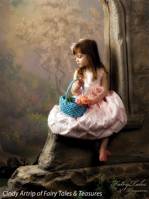 Serene landscape with soft trees and misty floral border for studio shoots.