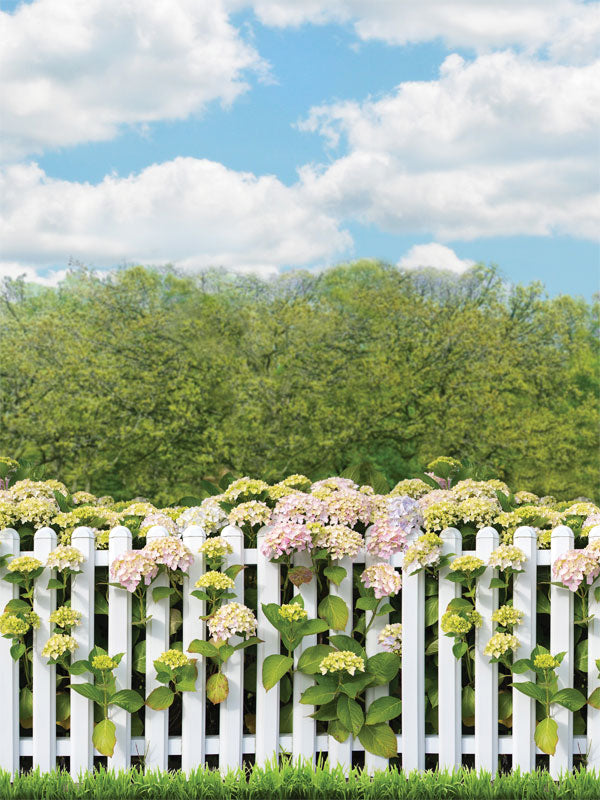 White Picket Fence Photography Backdrop - White picket fence photography backdrop with blooming hydrangeas, lush greenery, and a blue sky perfect for outdoor-themed photoshoots.