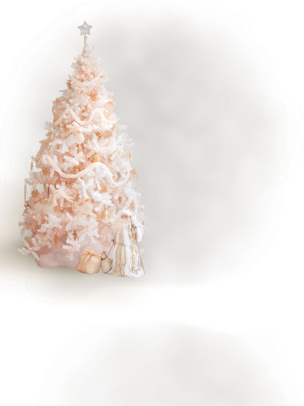 A festive holiday photography backdrop featuring a snowy white Christmas tree with gold and ivory decorations, perfect for seasonal portraits and family photography.