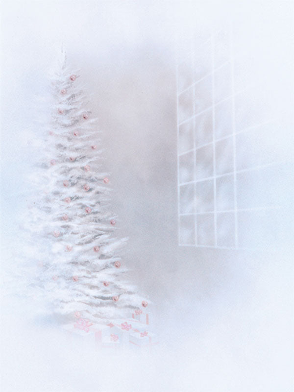 White Christmas tree with red ornaments beside a frosty window in a soft, high-key holiday scene.