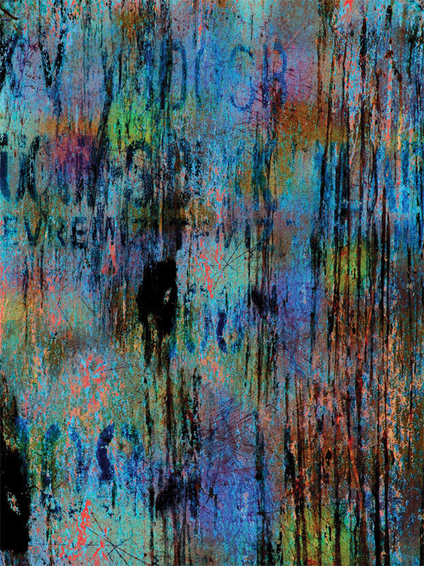 Gritty teal-blue backdrop with layered graffiti textures and distressed visual elements.