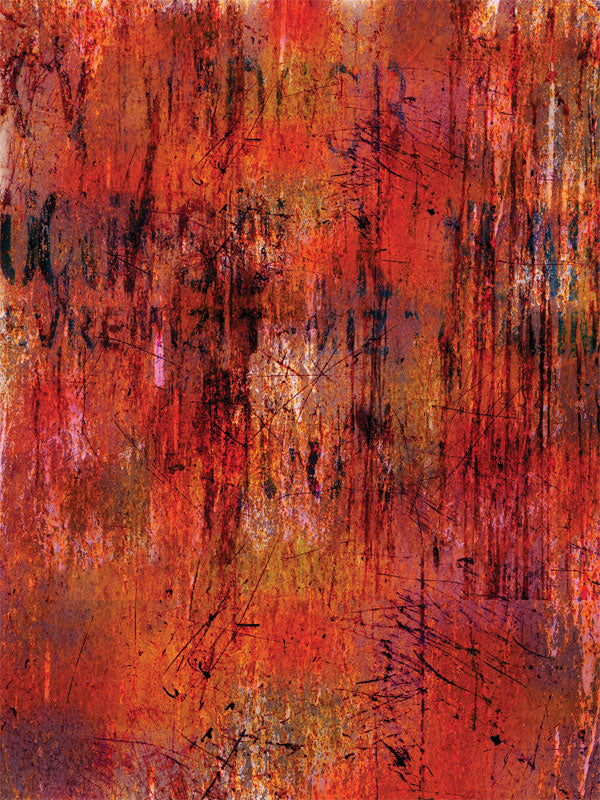 Rusty orange backdrop with scraped textures, layered graffiti marks, and bold urban tones.