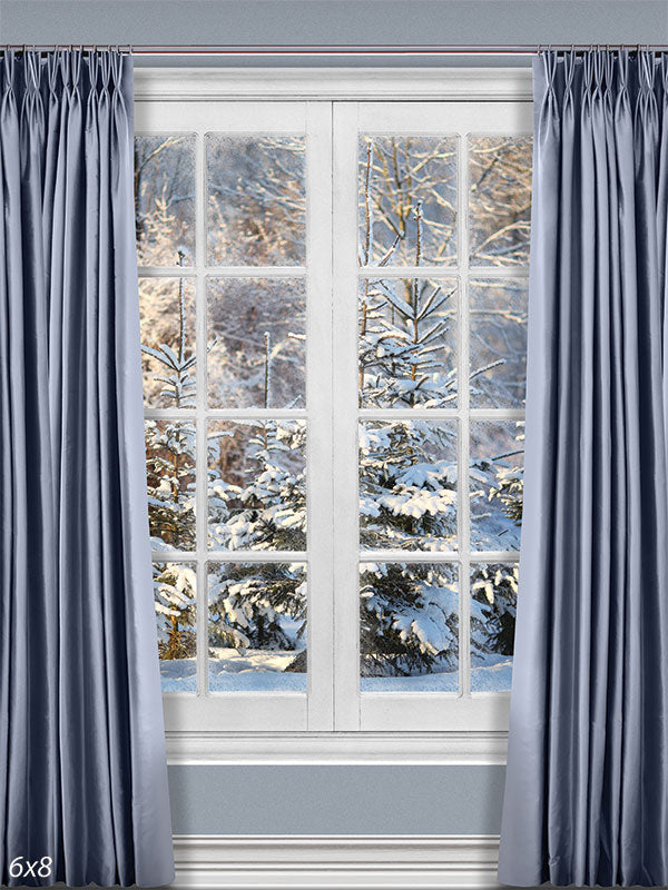 Winter Window Scene Photography Backdrop - A classic window with soft blue curtains framing a snow-covered pine tree landscape, perfect for winter and holiday-themed photoshoots.