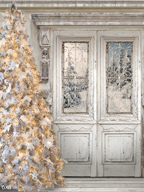 Winter Wonderland Doorway Photography Backdrop - Photography backdrop featuring a snowy winter scene with a decorated tree and a vintage doorway.