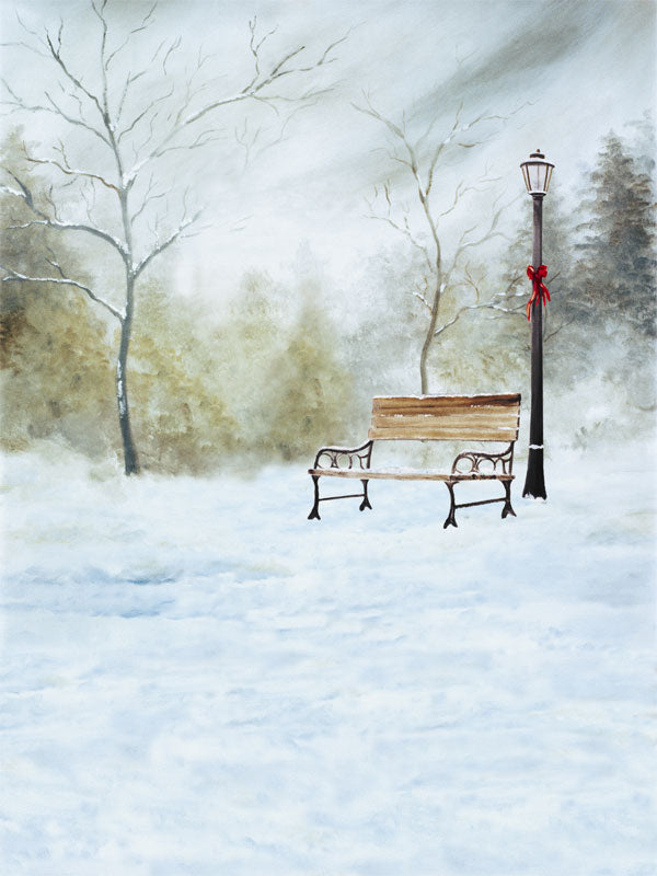 A peaceful winter backdrop featuring a vintage wooden bench, a softly glowing lamppost with a red ribbon, and snow-covered trees in a serene park setting.