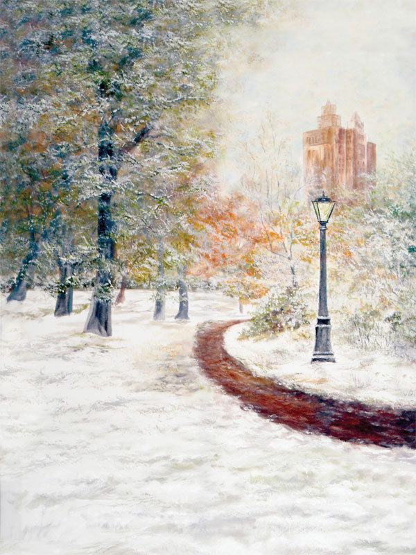 A winter park photography backdrop featuring a winding snow-covered pathway, lined with frost-touched trees and a vintage street lamp.