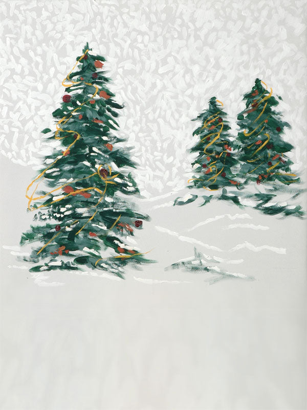 A festive winter photography backdrop featuring evergreen trees decorated with garlands, set in a snowy holiday landscape.