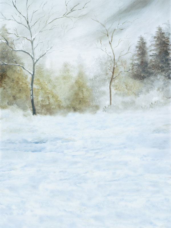 Gentle snow-covered landscape with bare trees and soft frosted forest in the background.