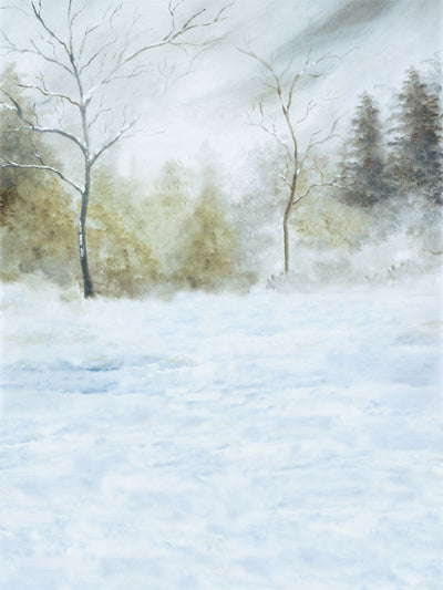 Gentle snow-covered landscape with bare trees and soft frosted forest in the background.