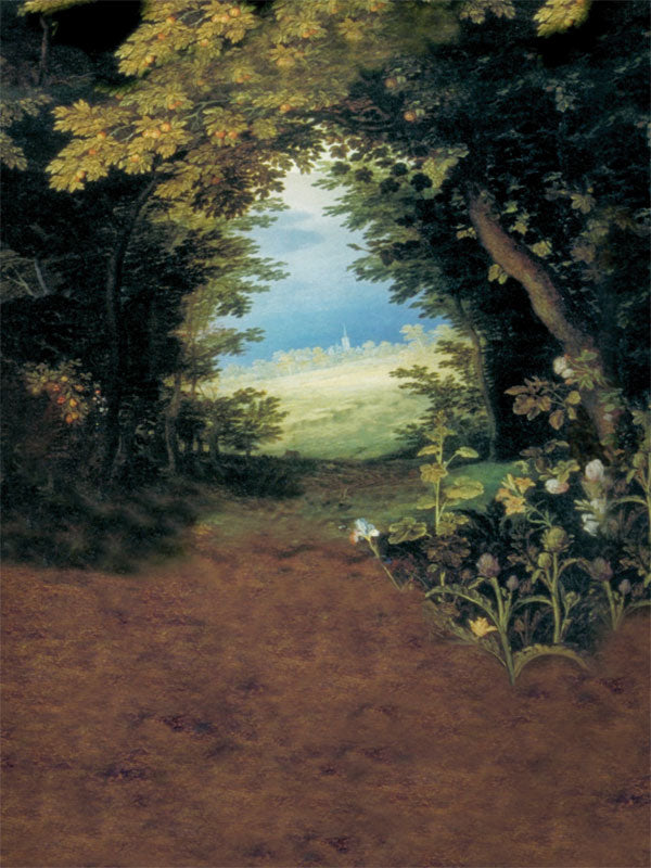 Hand-painted style forest backdrop with tree canopy and scenic meadow opening.