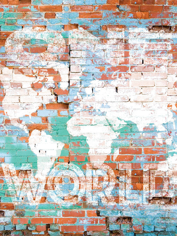 World Map Graffiti Brick Wall Photography Backdrop - Photography backdrop featuring a rustic brick wall with a graffiti-style world map in faded white, green, and blue, perfect for travel-themed photoshoots.