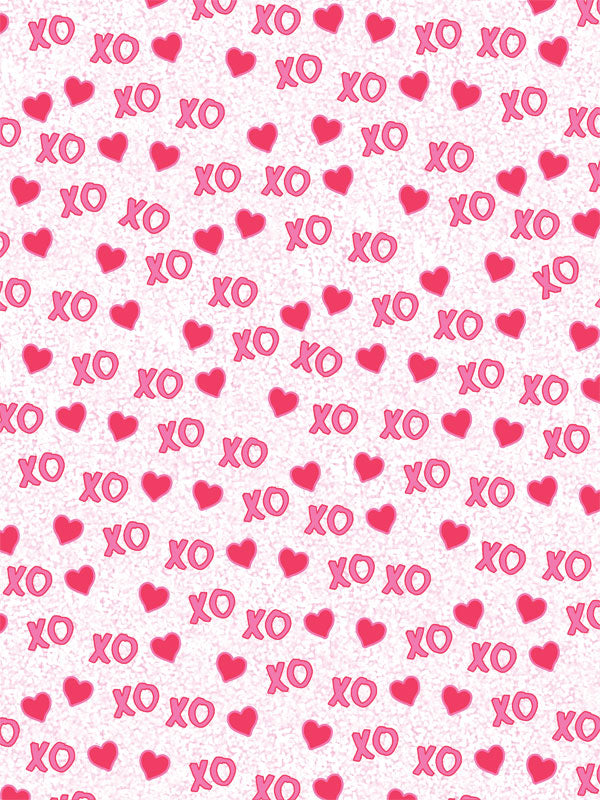 XOXO Hearts Photography Backdrop - A playful photography backdrop with pink hearts and "XO" symbols on a white background, perfect for romantic photoshoots.