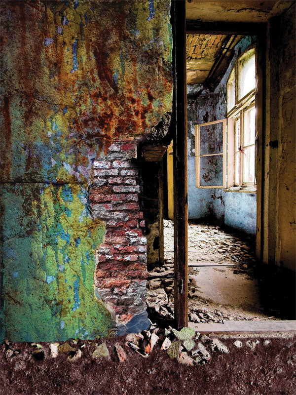 Backdrop image showcasing a crumbling doorway, peeling paint, and exposed brick for grunge-style portraits and storytelling sessions in studio environments.