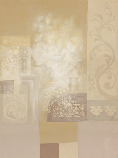Printed photography backdrop with classical architectural scrollwork and soft ivory tones ideal for timeless portrait sessions.