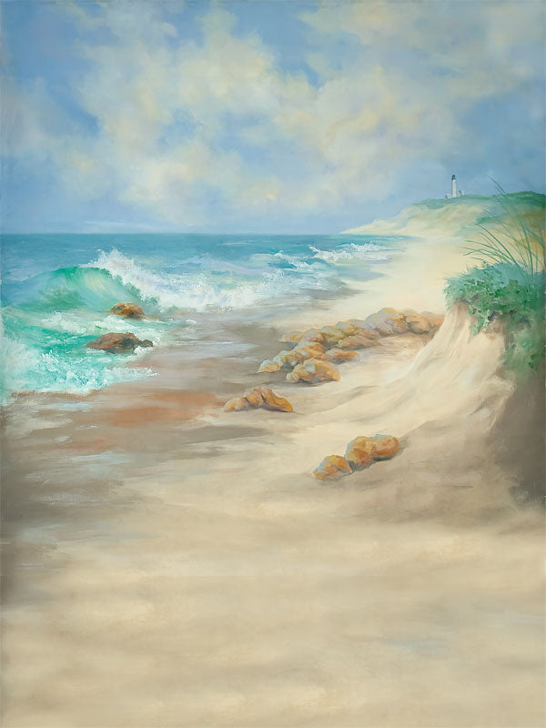 Studio photography backdrop with ocean waves, sandy shore, and distant lighthouse, ideal for beach-themed family and portrait sessions.