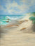 Studio photography backdrop with ocean waves, sandy shore, and distant lighthouse, ideal for beach-themed family and portrait sessions.