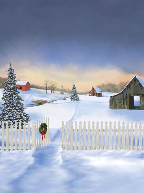 This printed backdrop depicts a winter farm scene with red barns, pine trees, and a picket fence, ideal for rustic holiday portraits.