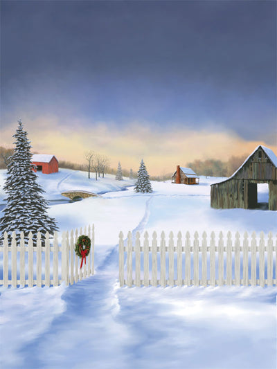 This printed backdrop depicts a winter farm scene with red barns, pine trees, and a picket fence, ideal for rustic holiday portraits.