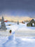This printed backdrop depicts a winter farm scene with red barns, pine trees, and a picket fence, ideal for rustic holiday portraits.