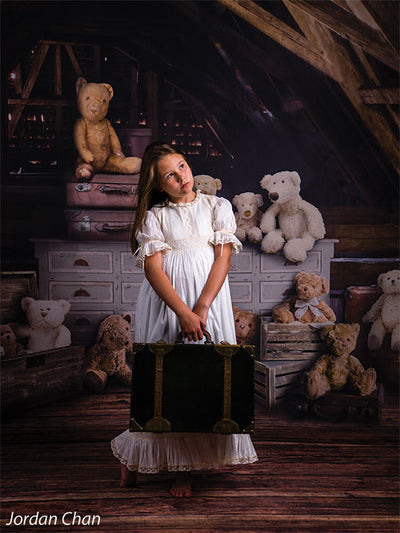 teddy bears in attic backdrop