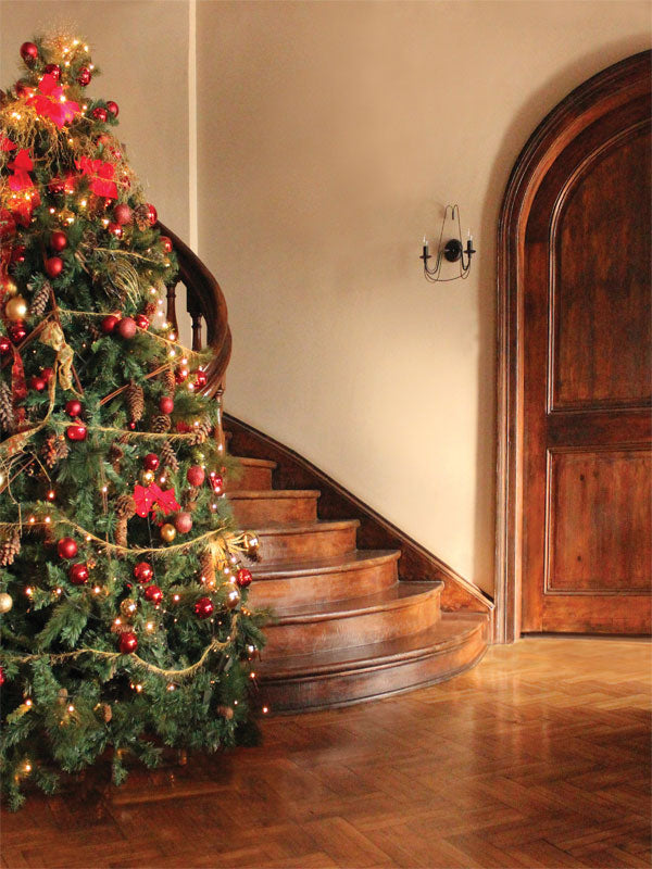 Christmas Tree on Backdrop with Staircase