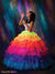 Color-rich abstract backdrop enhances this senior session featuring a vibrant rainbow gown and playful bubble details.