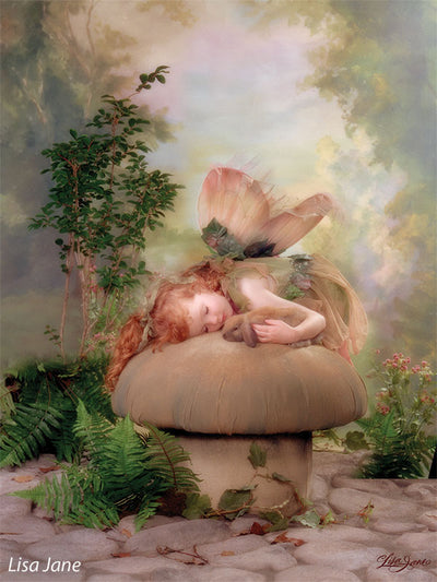 Printed Gentle Valley backdrop with lush greenery and soft pastel light, shown in a whimsical portrait of a girl model dressed as a woodland fairy.