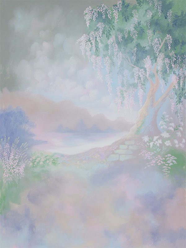 Printed photography backdrop featuring a whimsical pastel garden with soft florals and a twilight sky, perfect for dreamy studio portraits.