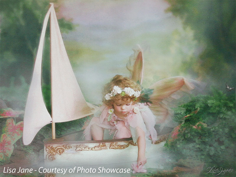 Printed scenic photography backdrop with misty greens and water reflections, used in a fantasy-themed session with a child model in fairy costume.