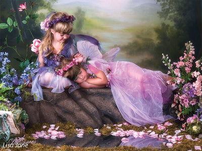 Printed fantasy photography backdrop with floral meadow and soft pastel horizon, featured in a fairy-themed portrait session with two child models.