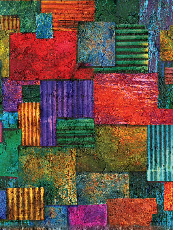 Photography backdrop featuring patchwork blocks of vibrant color and textured surfaces, ideal for bold portrait and senior sessions.