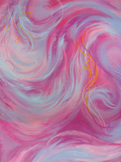 Swirling pink abstract photography backdrop with golden accents and pastel tones, ideal for fun and creative studio portrait sessions.