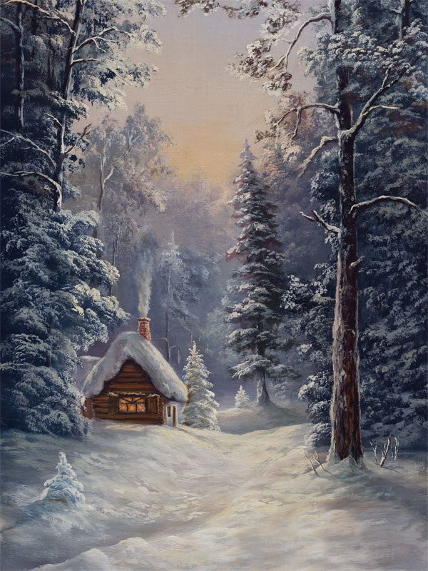 This printed backdrop showcases a snow-covered forest scene with a warm-lit cottage, perfect for winter-themed studio portraits.