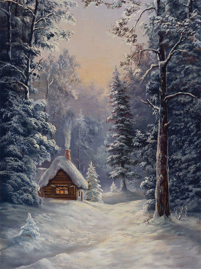 This printed backdrop showcases a snow-covered forest scene with a warm-lit cottage, perfect for winter-themed studio portraits.