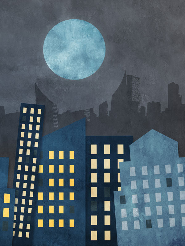 An illustrated super hero nighttime city skyline backdrop featuring layered blue and gray buildings with glowing yellow windows under a large textured full moon against a dark, moody sky.
