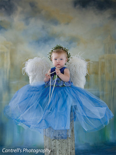 Baby dressed as angel with wings and tulle gown posed in front of a classical Venice-inspired backdrop, great for fine art newborn and fantasy themes.